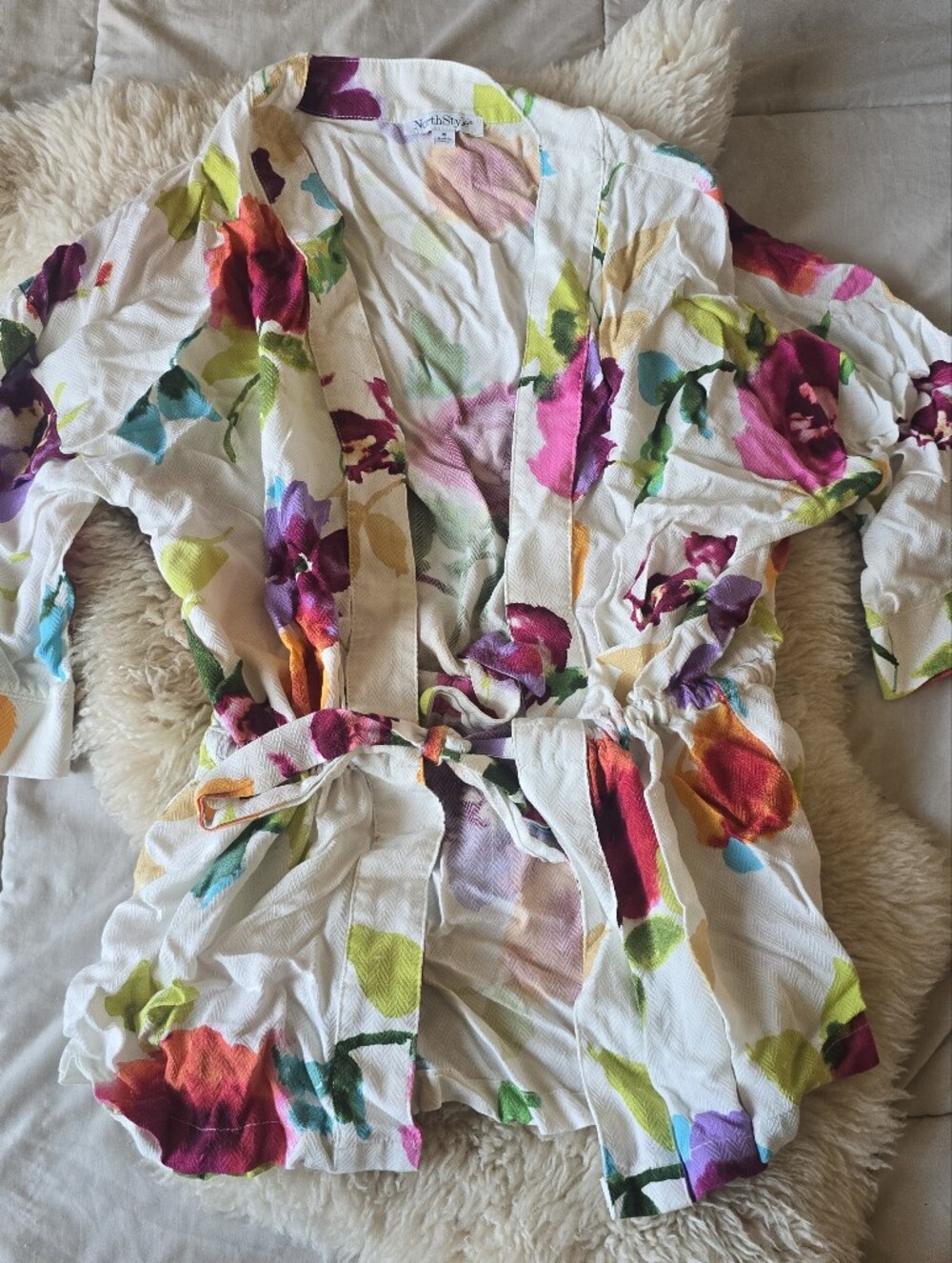 Womens White Floral One-Piece Wrap Tie Shirt with Multicolor Watercolor Print